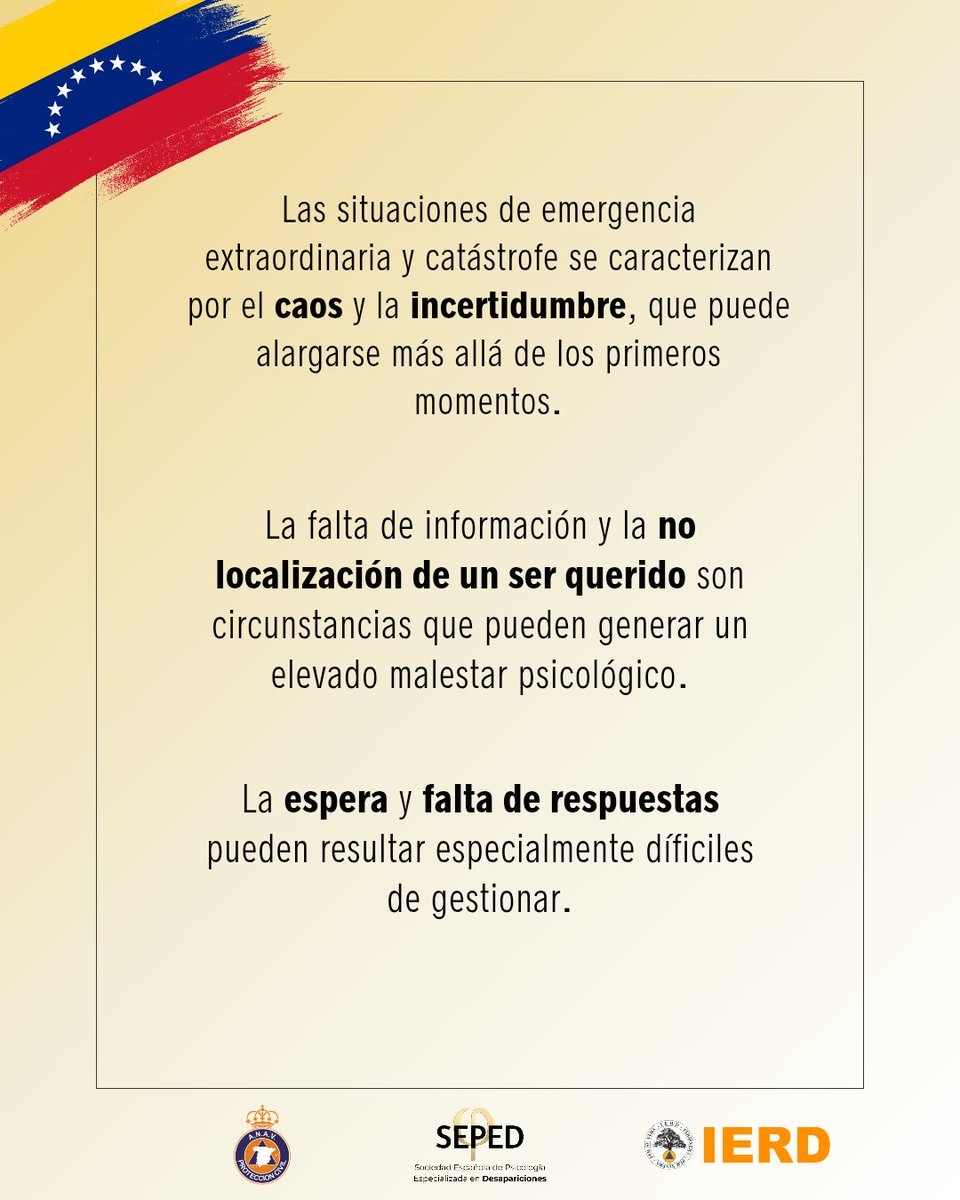 Seped_DES's tweet photo. Desde @Seped_DES, en colaboración con la @AnavPCivil y el @IERD_Spain, queremos expresar nuestra solidaridad con el pueblo venezolano que tan duramente ha sido golpeado.
Compartimos esta información sobre Gestión de la #Incertidumbre ante la #Desaparición de un ser querido ❤️‍🩹 https://t.co/TFz2uya93Q