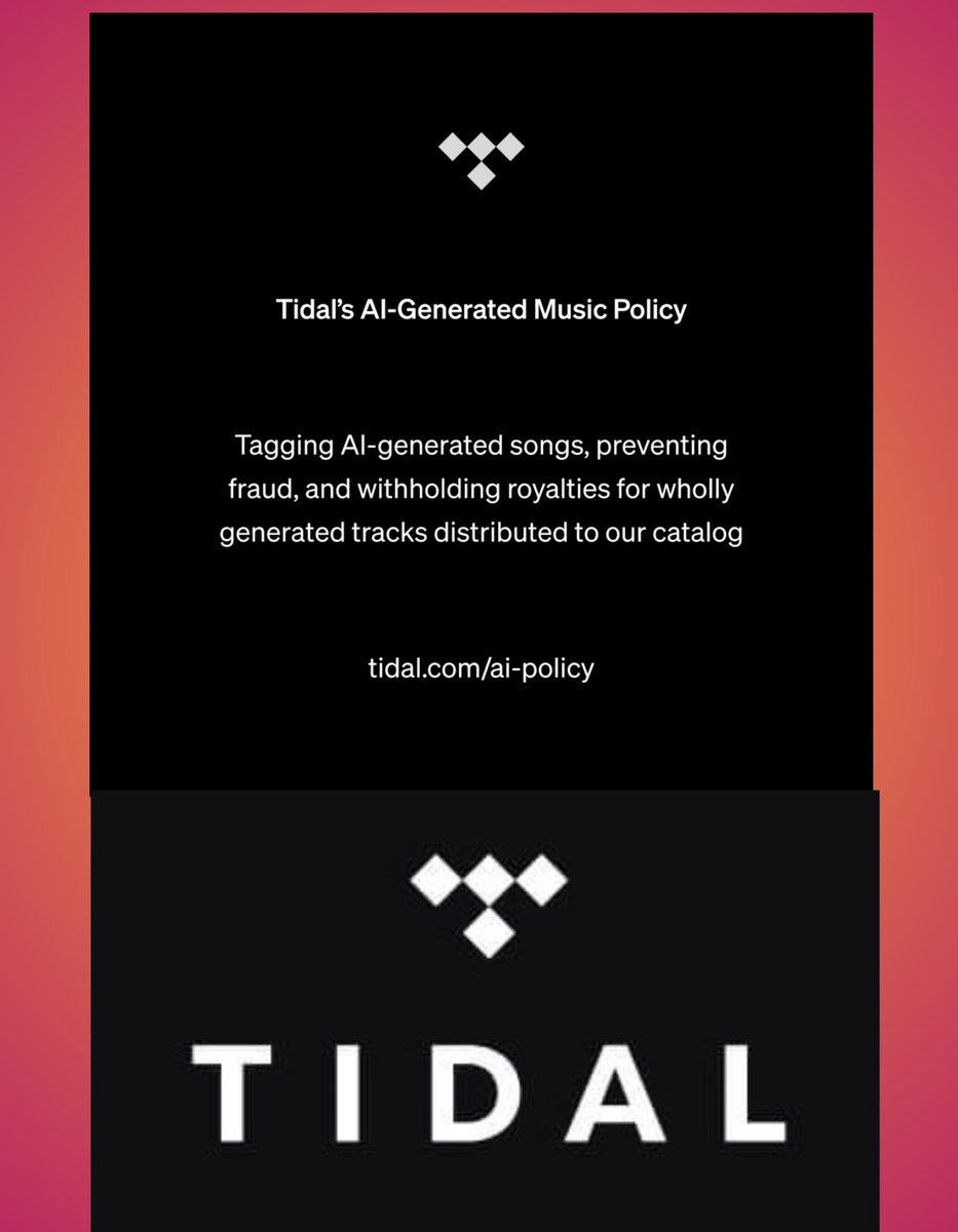 RedMedia_us's tweet photo. TIDAL has joined the war against AI content with new policies starting July 15:

~Fully AI-generated songs will be labeled and won't earn royalties.

~ Songs that imitate or impersonate other artists will be removed.

~Users will be able to filter out fully AI-generated music. https://t.co/MxSZeIJVap