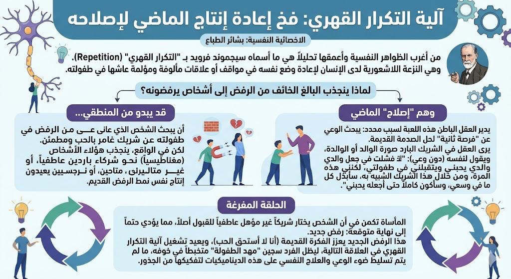 bashairaltabbaa's tweet photo. آلية التكرار القهري: فخ إعادة إنتاج الماضي لإصلاحه:
من أغرب الظواهر النفسية وأعمقها تحليلاً هي ما أسماه سيجموند فرويد بـ "التكرار القهري" (Repetition Compulsion). وهي النزعة اللاشعورية لدى الإنسان لإعادة وضع نفسه في مواقف أو علاقات مألوفة ومؤلمة عاشها في طفولته.
 لماذا ينجذب البالغ الخائف من الرفض إلى أشخاص يرفضونه؟
قد يبدو من المنطقي أن يبحث الشخص الذي عانى من الرفض في طفولته عن شريك غامر بالحب ومطمئن. لكن في الواقع، ينجذب هؤلاء الأشخاص (مغناطيسياً) نحو شركاء باردين عاطفياً، أو غير متاحين، أو نرجسيين يعيدون إنتاج نفس نمط الرفض القديم.
 وهم "إصلاح" الماضي:
يدير العقل الباطن هذه اللعبة لسبب محدد: يبحث الوعي عن "فرصة ثانية" لحل الصدمة القديمة. يرى العقل في الشريك البارد صورة الوالد أو الوالدة، ويقول لنفسه (دون وعي): "لقد فشلت في جعل والدي يحبني ويتقبلني في طفولتي، لكنني هذه المرة، ومن خلال هذا الشريك الشبيه به، سأبذل كل ما في وسعي، وسأكون كاملاً حتى أجعله يحبني".
 الحلقة المفرغة:
المأساة تكمن في أن الشخص يختار شريكاً غير مؤهل عاطفياً للقبول أصلاً، مما يؤدي حتماً إلى نهاية متوقعة: رفض جديد. هذا الرفض الجديد يعزز الفكرة القديمة (أنا لا أستحق الحب)، ويعيد تشغيل آلية التكرار القهري في العلاقة التالية، ليظل الفرد سجين "مهد الطفولة" متخبطاً في خوفه، ما لم يتم تسليط ضوء الوعي والعلاج النفسي على هذه الديناميكيات لتفكيكها من الجذور.