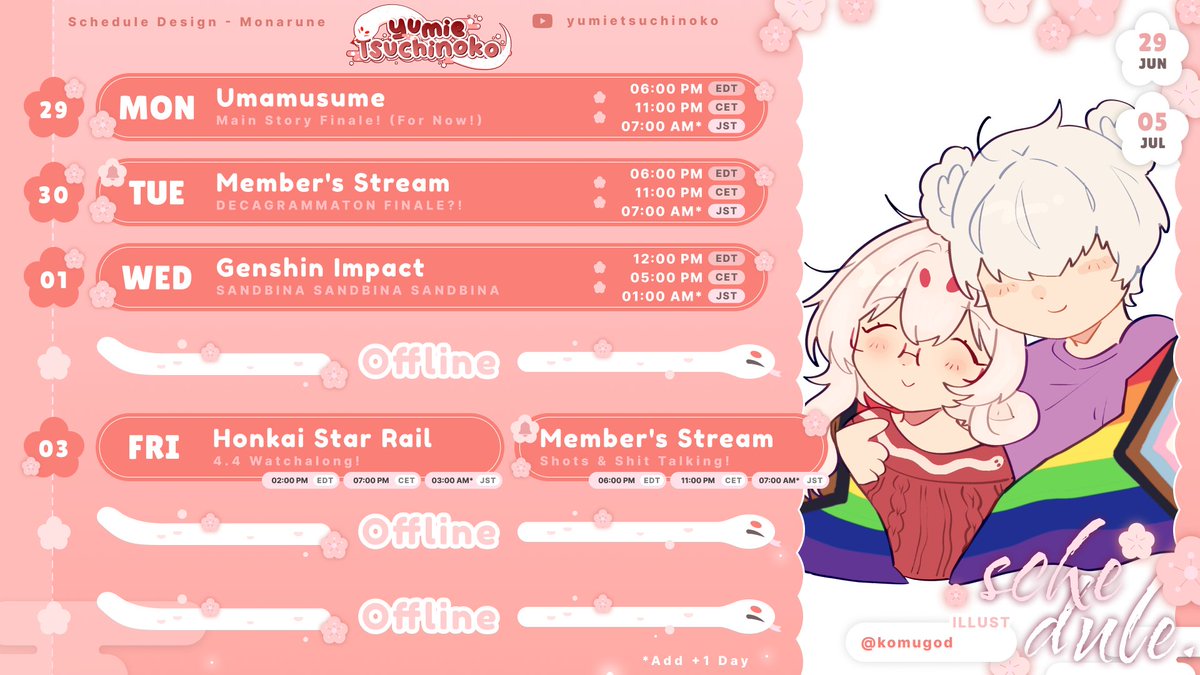 YumieTsuchinoko's tweet photo. 🌸WEEKLY SCHEDULE🌸

July is almost upon us! This week will feature the finale of Special Week's story, the upcoming HSR livestream, and the REUNION OF SANDBINA! 🥹🥹🥹

🎨Adorable Art by #komugod! https://t.co/D1j9WW6hPO