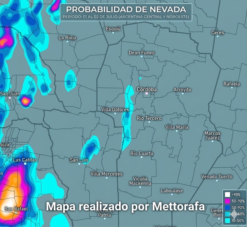 dimarcorafael's tweet photo. Actualización: Posibilidad de nieve entre el 01 y 02 de julio de 2026

Siguen firmes las posibilidades de nieve/aguanieve para las sierras de Córdoba, San Luis y Mendoza (allí la nieve podría ser importante)
Les dejo el mapa para que vean cuales son las chances que se ven el día de hoy.
¡¡¡Y claro!!! ¡¡¡Espero las fotos de todos los lados que puedan ver nieve o saber!!!

Saludos y nos vemos más tarde en Reportes del tiempo. Rafa - 29/06/2026