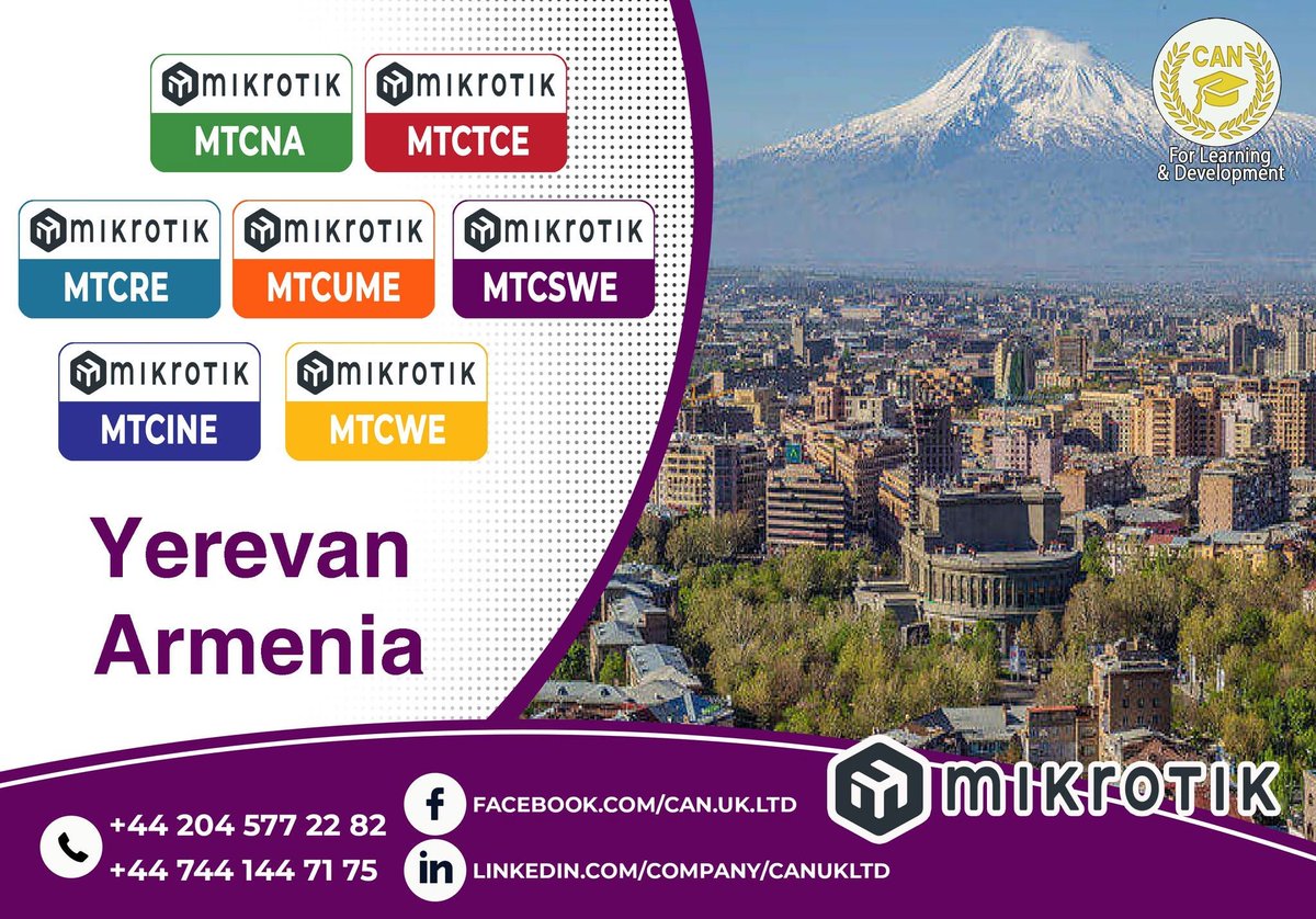 canukltd's tweet photo. Join our upcoming MikroTik training session in Yerevan, Armenia (in English).
For more information, kindly contact us:
Telegram: https://t.co/2cIvwI3QV5
WhatsApp: https://t.co/Q8tTx6OzlS
E-mail: info@canukltd.uk
🙌 With CAN you can 🙌 https://t.co/hmOtZrG9GP