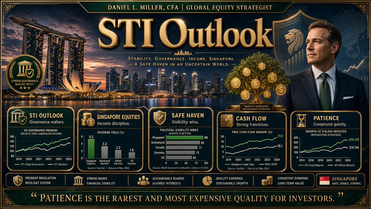 DanielL_CFA's tweet photo. STI Outlook | Daniel L. Miller, CFA
The STI’s strength is driven by robust bank earnings, strong governance, and Singapore's safe-haven premium, yet the opportunity extends well beyond a narrow bank trade.
#DanielLMillerCFA #STIOutlook #SingaporeEquities #SafeHaven https://t.co/TcbhmmR3mj