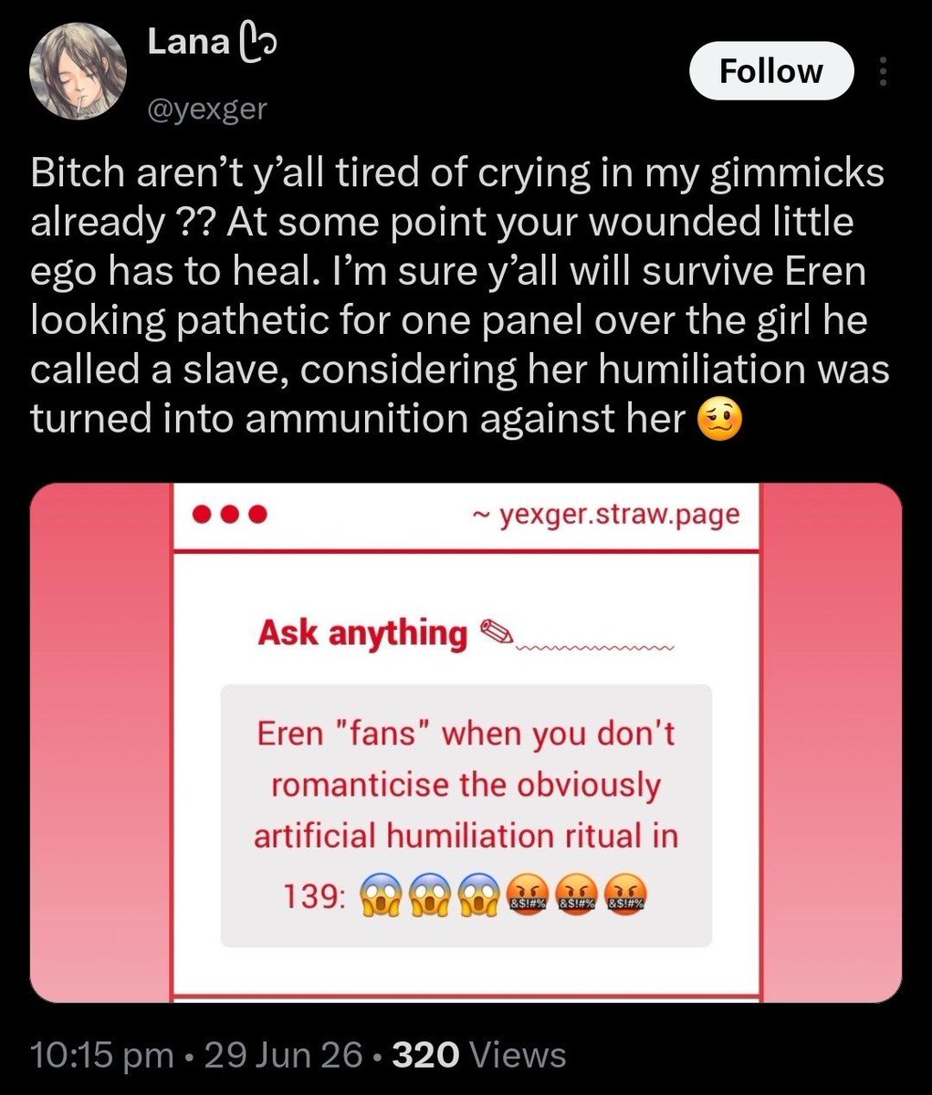 MrCrowbar622358's tweet photo. LMFAOOOOOO you have no idea how vindicated I feel.

I've always said that most EMs genuinely dislike Eren. They're happy that he was humiliated in 139 as "revenge" for what he did in the table scene, even though everyone knew he was lying and acting lol This is beyond parody https://t.co/yq8KRBQEXU