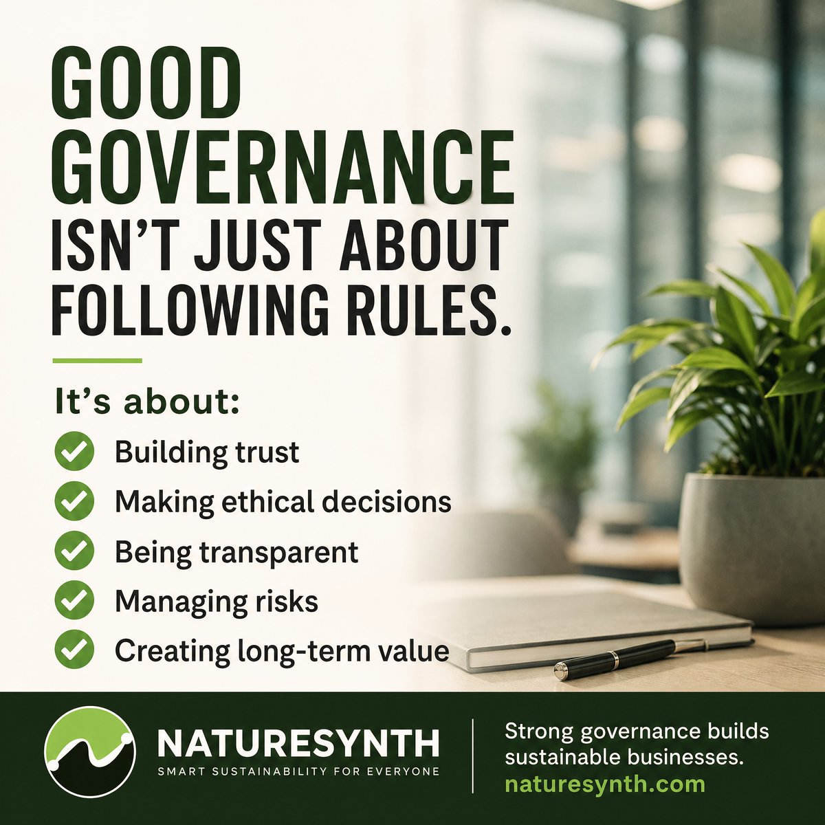 NATURESYNTHHQ's tweet photo. Sustainability isn't only environmental.
It also depends on good governance.
What's the first quality that comes to mind when you think of good governance?

#ESG #BusinessGovernance #Leadership #NatureSynth #Sustainability https://t.co/lJmdkQamJP