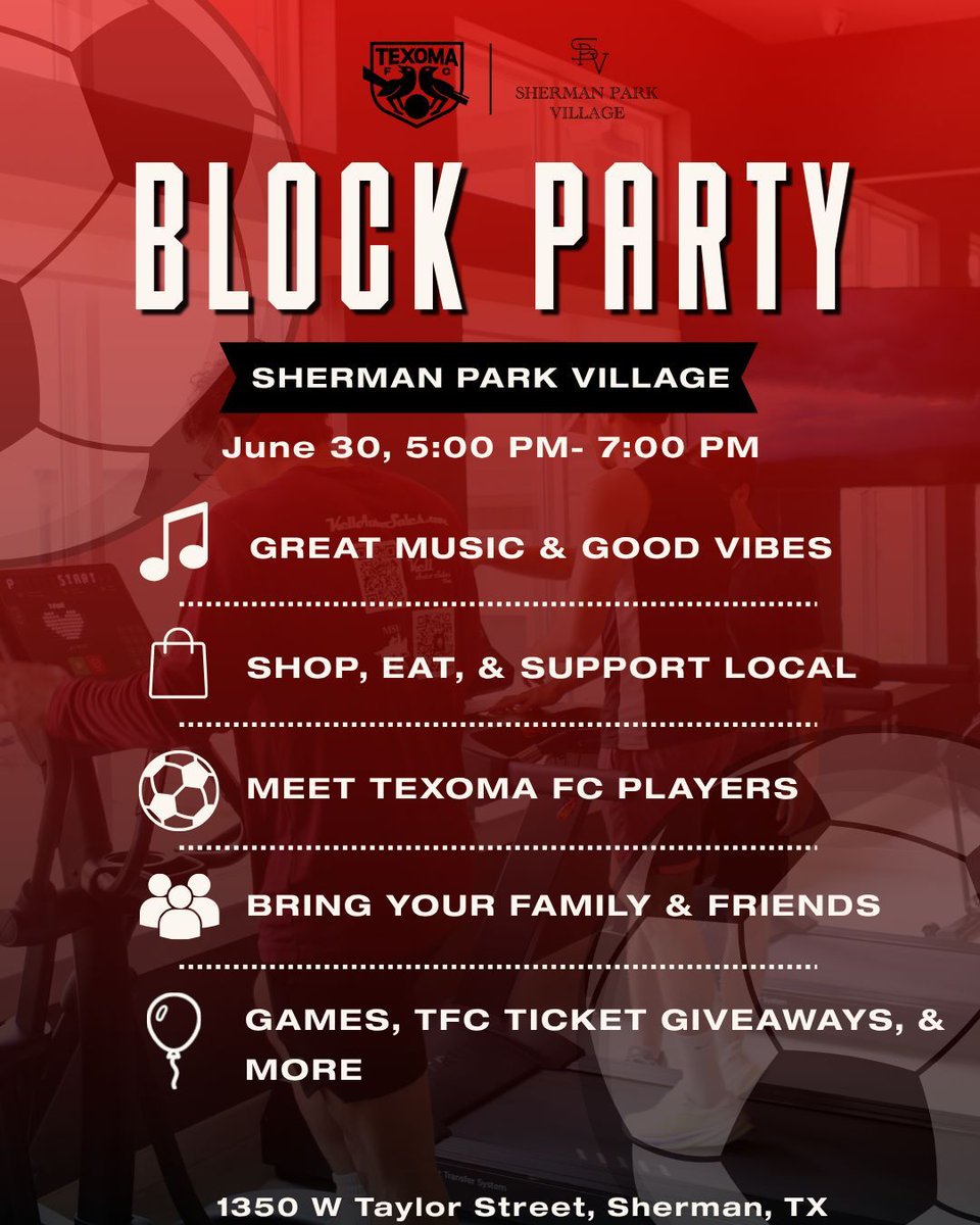 USLTexoma's tweet photo. TOMORROW!! ⚽️🌭🎵 

From 5:00 p.m to 7:00 p.m., come check out Texoma FC at the Sherman Park Village block party. Get a chance to meet players, enjoy free food, and win some TFC tickets to our last home game. You won't wanna miss it!  

#TexomaFC #BlockParty https://t.co/9oFOn7HJDX