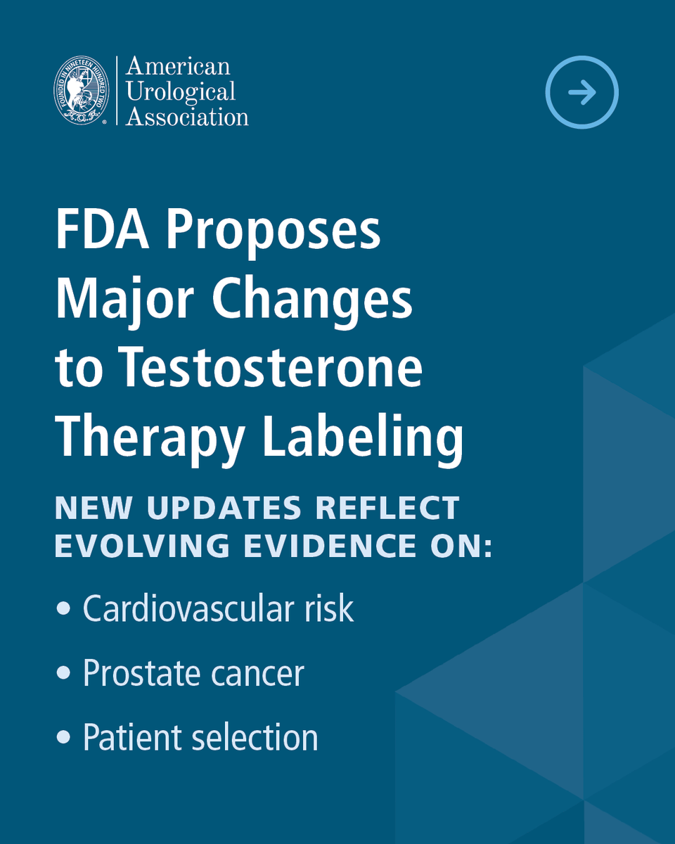 AmerUrological's tweet photo. 📣 Updated science should drive updated policy.

The @US_FDA's proposed changes to testosterone therapy labeling are a critical step toward aligning guidance with current evidence—moving away from outdated safety concerns and toward more accurate, patient-centered care.

But more work remains! Men continue to face gaps in care, access, and outcomes—underscoring the need for a coordinated national strategy.

✅ That’s why the Office of Men’s Health is so important.

It would help:
📊 Identify gaps in men’s health care
📣 Improve education and awareness
🔬 Advance research and policy coordination

TAKE ACTION: Support the State of Men’s Health Act and help move this effort forward!
🔗https://t.co/IwPelA7OV4