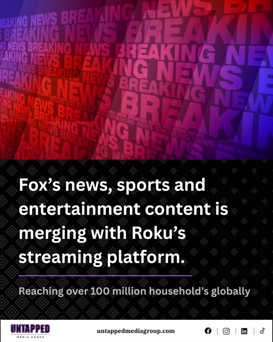 UntappedMediaGp's tweet photo. Fox's news, sports and entertainment content is joining forces with The Roku Channel — bringing traditional media into over 100 million streaming households worldwide.

Do you think this is the future of TV? drop it below 👇

#MediaNews #SocialMediaMarketing #UntappedMediaGroup https://t.co/hG3YtqrJdJ