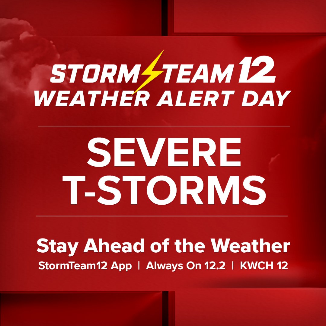 KWCH12's tweet photo. WEATHER ALERT: Storm Team 12 says severe storms are expected on Tuesday, from 4-11 p.m., in western Kansas. The risk includes some large hail and gusty winds west of a Russell to Pratt line through the evening hours.
https://t.co/gi2wqPIf1cย #storm12 #kwch12 #kswx https://t.co/nVVD1YE1Yo