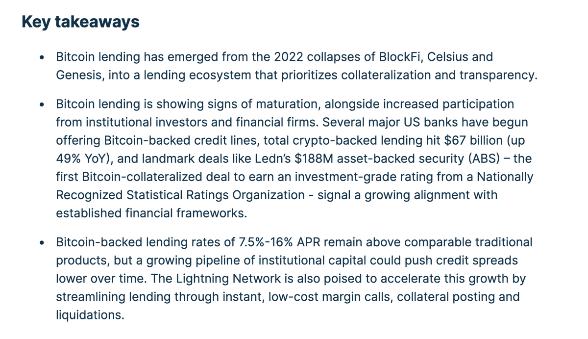 WuBlockchain's tweet photo. SVB: Bitcoin Lending Rebounds as Banks and Institutional Capital Enter the Market
Silicon Valley Bank said the Bitcoin lending market is recovering from the 2022 collapses of BlockFi, Celsius and Genesis and is evolving toward more institutionalized and transparent lending structures. Citing Galaxy Research, the report said crypto-backed lending reached $67 billion in Q1 2026, up about 49% year over year. Several major U.S. banks have begun offering Bitcoin-backed loans to select clients. Bitcoin loan rates remain elevated at 7.5% to 16%, but borrowing costs could decline as more banks, private credit funds and institutional capital enter the market. The report also said the Lightning Network could improve Bitcoin lending and payment infrastructure by enabling real-time collateral posting, margin calls and liquidations.