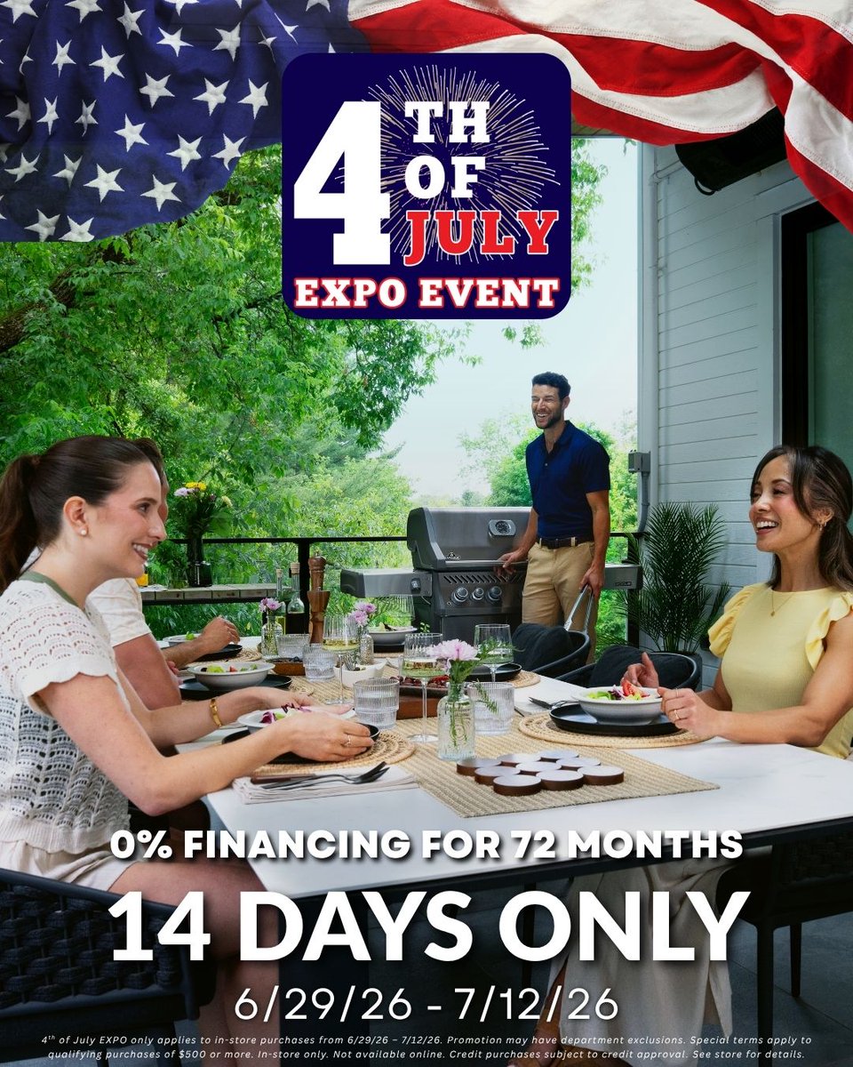 AmericanSale's tweet photo. 🎆 BIG savings are here! 🎆⁠
⁠
Our 4th of July Expo Event is ON!⁠
⁠
✅ 0% Financing for 72 months ⁠
✅ Deals in Every Department⁠
✅ In Store Only⁠
⁠
Hurry in! Limited time offer!⁠
⁠
*See store for details. https://t.co/8RbC2HAlHI
