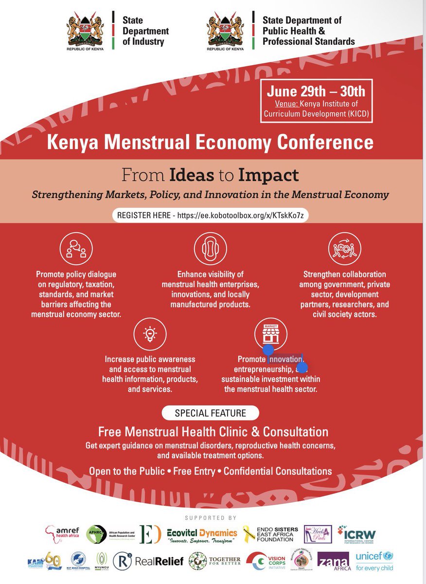 UNICEFKenya's tweet photo. Happening this week: The inaugural Kenya Menstrual Economy Conference 2026.

Under the theme “From Ideas to Impact: Strengthening Markets, Policy, and Innovation in the Menstrual Economy”, #KMEC2026

📅29–30 June 2026
📍 Kenya Institute of Curriculum Development (KICD), Nairobi. https://t.co/o5jKRWMS0R
