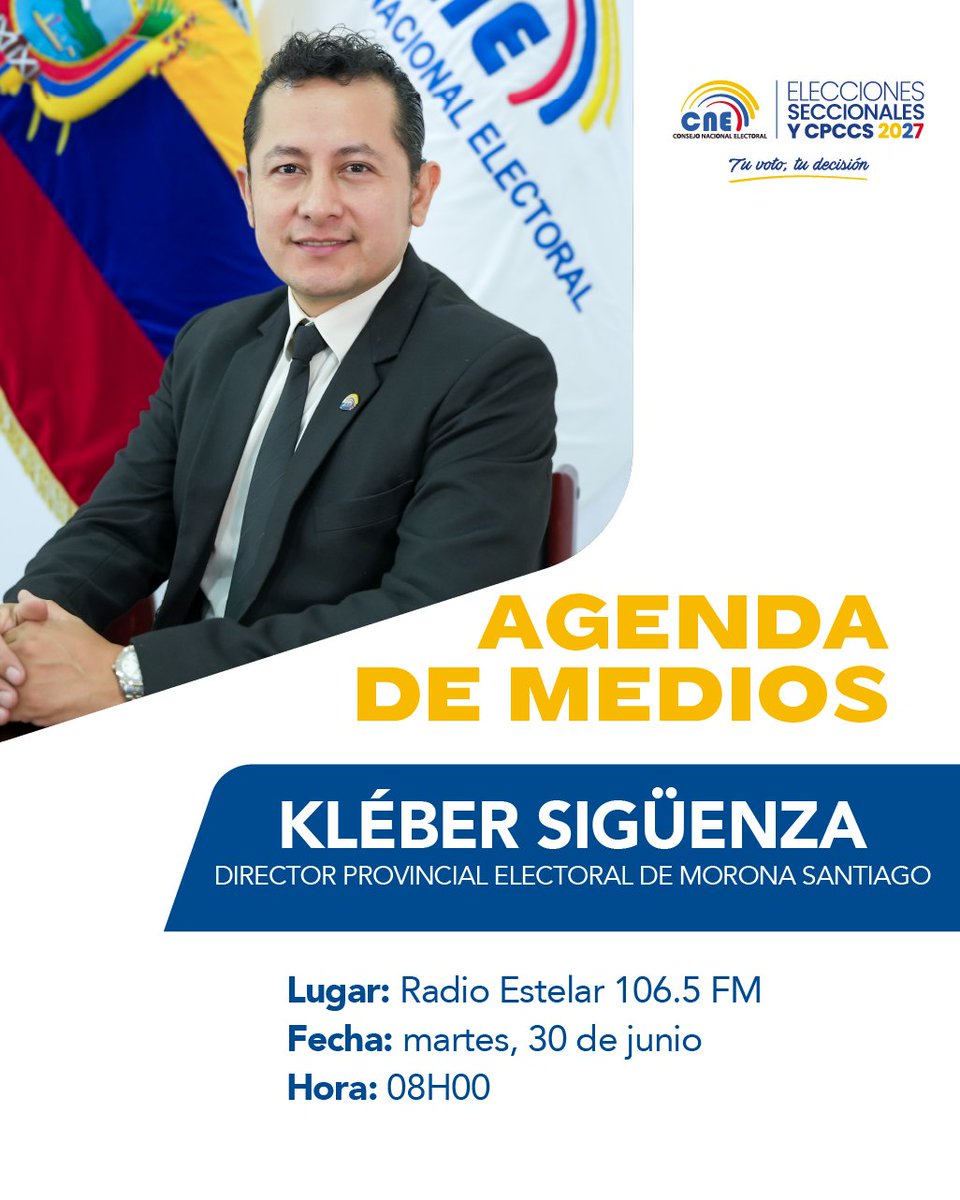 MoronaCne's tweet photo. 📡 #CNEInforma

🎙️ Este martes 3️⃣0️⃣ de junio, sintoniza a nuestro director, Kléber Sigüenza, en Radio Estelar 106.5 FM.

🗳️ Conversaremos sobre temas relevantes del calendario electoral rumbo a las #Elecciones2027Ec.

🕗 Hora: 08h00

#TuVotoTuDecisión https://t.co/8Y6rVwR1GG