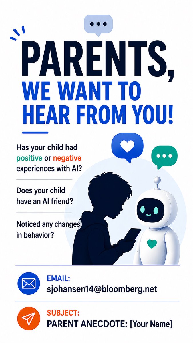 emilychangtv's tweet photo. Hey folks, We’re doing some reporting on Kids x AI - a topic very close to my heart as a mom - and looking to hear from parents about their experiences. If your child has had any notable interactions with AI, please reach out. I’d love to hear from you. Just email our producer: Sarah at sjohansen14@bloomberg.net
