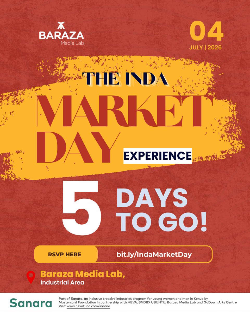 BarazaLab's tweet photo. 5 DAYS TO GO! 🎉

The countdown is officially on!
#IndaMarketDay is almost here, and we can't wait to welcome you to a full day celebrating creativity, entrepreneurship, and community.

📍 Baraza Media Lab, Industrial Area
📅 Saturday, 4th July 2026
🕗 7:00 AM to 7:00 PM

 See you there!
#SanaraKE #BarazaLabIndustrialArea