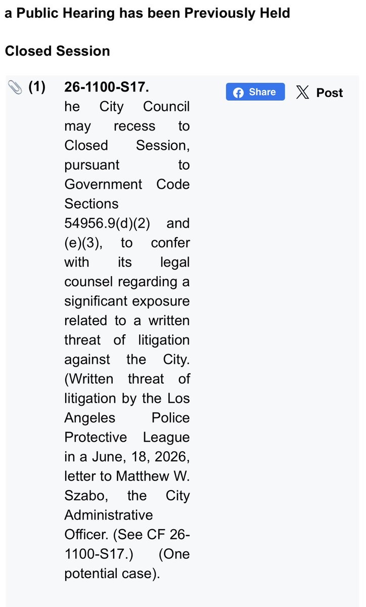 reporterliz's tweet photo. A closed session item just got added go an already massive LA City Council agenda tomorrow, and it's on a threat of litigation related to a June 18 letter LAPPL sent the city on a charter reform proposal to give City Council policy power over the LAPD. https://t.co/saypWHmLVD
