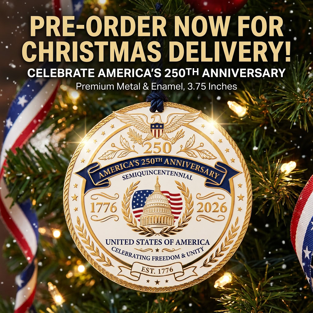 ProudPatriots1's tweet photo. Add a piece of history to your holiday tree. This premium 3.75-inch metal ornament celebrates 1776–2026 with rich red, white, blue, and gold enamel detail. Pre-order today while available.