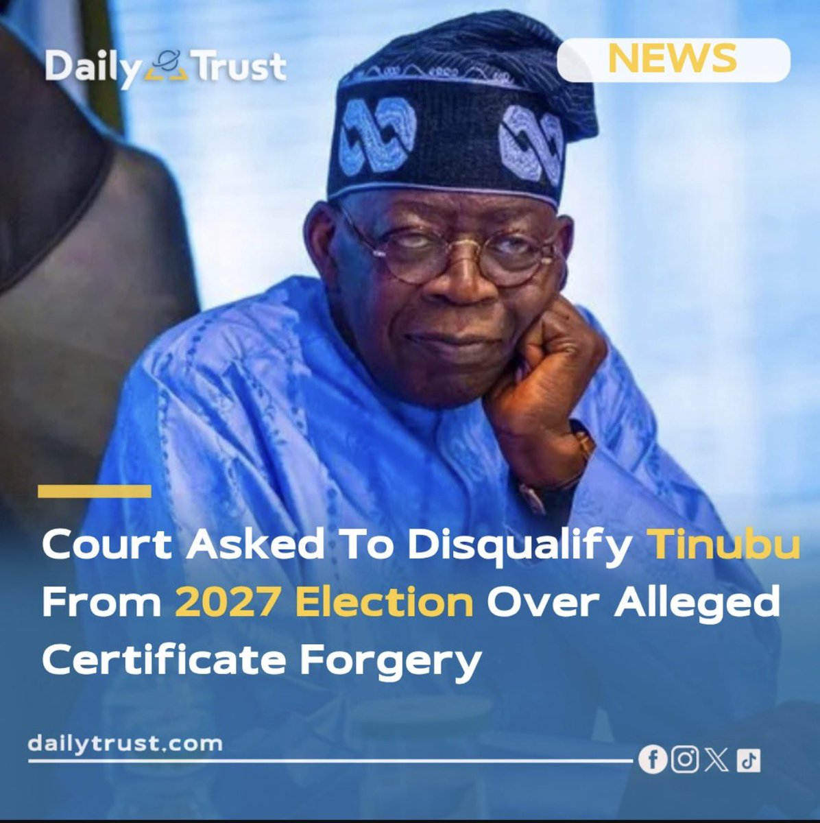 originalproflle's tweet photo. The Centre for Reform and Public Advocacy (CFRPA) has filed a suit at the Federal High Court in Kano seeking the disqualification of President Bola Ahmed Tinubu from the 2027 presidential election over allegations of certificate forgery.

According to court documents seen by Daily Trust, the plaintiff alleged that Tinubu presented forged academic certificates from Chicago State University and a fake National Youth Service Corps (NYSC) discharge certificate to the Independent National Electoral Commission (INEC) during the 2023 elections.  The suit, marked FHC/K/CS/312/2026, lists Tinubu, INEC, and Chicago State University as defendants.  The plaintiff contended that Tinubu never attended Government College Lagos as claimed, noting that the school was established in 1974, four years after Tinubu allegedly graduated. The CSO further argued that Tinubu does not possess a valid secondary school certificate, which is the minimum constitutional requirement to contest for the presidency.  It claimed that INEC had failed to act on its petition dated June 19, 2026, demanding clarification on Tinubu’s eligibility.  In its statement of claims, the group referenced a 2023 U.S. court ruling in In Re: Application of Atiku Abubakar (No. 23 CV 05099), which compelled Chicago State University to release Tinubu’s academic records.

The plaintiff insisted those records revealed false entries and inconsistencies, including a forged University of Cambridge General Certificate of Education.  The prayers asked by the plaintiff included declaration of forgery against Tinubu’s Chicago State University certificate, issuance of an order directing INEC to disqualify him from the 2027 presidential election, directing CSU to strike Tinubu’s name from its records and perpetual injunction restraining INEC from uploading Tinubu’s name as a candidate.  The plaintiff also submitted affidavits of non-multiplicity of action, witness statements, and letters to the NYSC and the Secretary to the Government of the Federation, demanding disclaimers on the alleged fake NYSC certificate.
