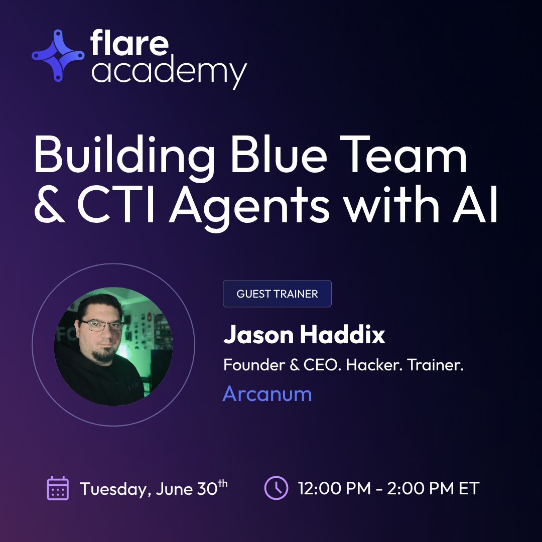 Jhaddix's tweet photo. On Tuesday I'm sitting down with @flaresystems  showing the patterns I use in building Blue Team &amp; CTI Agents with AI. 

2-hour session. 

Free.

June 30, 12–2 PM EDT.

https://t.co/Il6PitH6IO https://t.co/zrA0lNxGC2