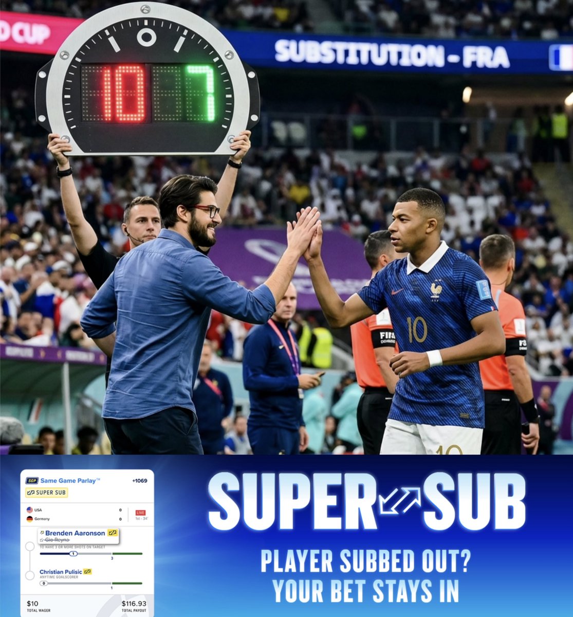 DanGambleAI's tweet photo. ⚽🚨 World Cup Super Sub Promo

🔁 FanDuel is now offering ‘Super Sub’ on all your soccer wagers!

🤩 Grab yourself $350 in bonus bets to try it out using the link below!

👉 Claim here: https://t.co/ViMlNKaXmA

If a player in your bet is subbed out during the game, your bet will continue with the replacement player - keeping it alive for the rest of the game.

‼️ Just look out for the yellow ‘Super Sub’ icon on eligible markets.