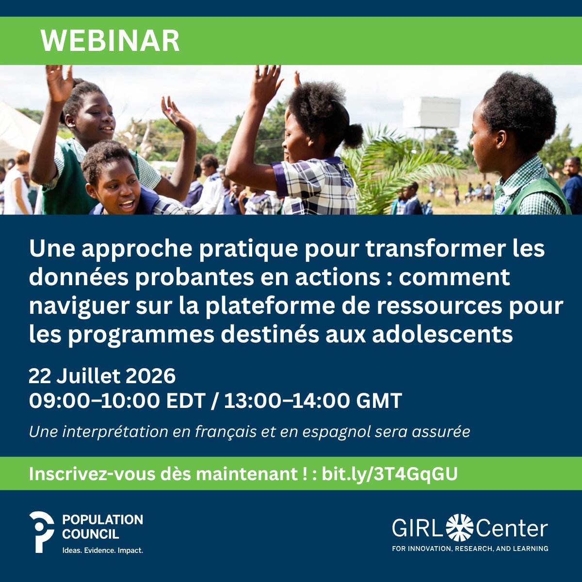 GIRLCenterPC's tweet photo. Rejoignez-nous lors d'un webinaire pour en savoir plus sur des outils et ressources conviviaux, conçus pour transformer en actions les données probantes axées sur les filles.

🗓️ Juillet 22 
🕒 1:00 PM GMT
🔗 Inscrivez-vous dès maintenant !: https://t.co/Wsh0y2MJ4d

@Pop_Council https://t.co/i1WSkj2WpW