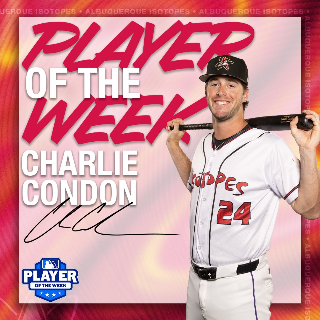 ABQTopes's tweet photo. Charlie Condon 🤝Pacific Coast League Player of the Week.

Condon won his first weekly award after belting three homers, driving in nine runs and tallying 10 hits and 24 total bases! 😎 https://t.co/rOAwROMVxC