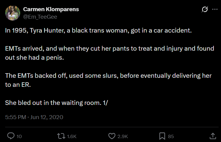 Em_TeeGee's tweet photo. Reposting a thread of mine from 6 years ago, on June 12, 2020, when it was ruled that healthcare providers could legally discriminate against people on the basis of sexual orientation/gender identity.

This isn't hypothetical, this is real life, where bigoted doctors do kill us https://t.co/13tYZASRTB