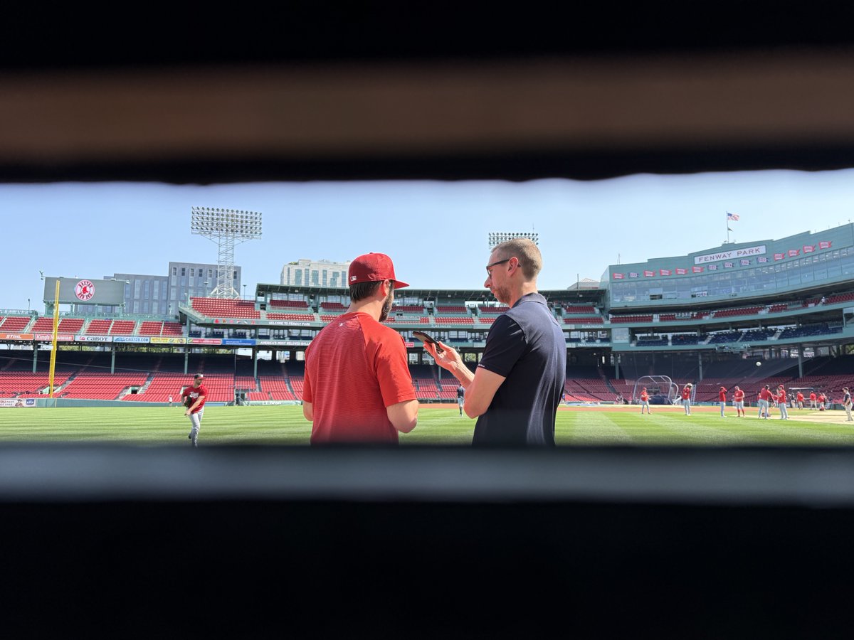 DaveJageler's tweet photo. Nats radio history. My first interview ever conducted on the Fenway park warning track. Photo courtesy from @JessicaCamerato inside the Green monster!! Hear my convo with Massachusetts native PJ Poulin excited for his first game at Fenway. Nats on deck at 640 on @1067thefan https://t.co/gNStl2ouZl