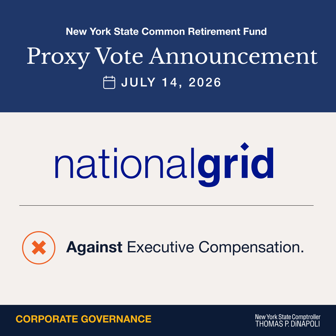 NYSComptroller's tweet photo. The NYS pension fund is voting against @nationalgrid's executive compensation plan. It uses similar performance metrics throughout the plan, meaning executives can get paid twice for hitting one target. We will continue to hold companies accountable vote by vote. https://t.co/E2Yju3l87r