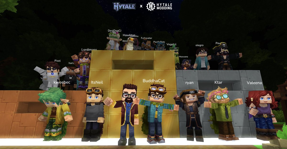 Kaupenjoe's tweet photo. The fact this game and this community is real still baffles me man! I love this so much! 
I can't tag everyone on here, but just look at the screenshot, maybe you see yourself. That's what this game is all about! 
Thank you for everyone who participated in the Modjam, and congratulations to all the winners! 
The fact that @PacificKB, the absolute CHAD, won ALL THREE MODJAMS... I am still in awe! (He gotta be nerfed for next time)

Also biggest props to @itsneildev and all the helpers from @HytaleModding, there was so much behind the scenes stuff so everything went smoothly! 

And also the fact we had @ItsBuddhaCat, @RyanHCode and @Ktar5 joined us as judges from @Hytale just goes to show how close the team are and how close they want to be to the community! 

I am so freaking excited for the future of #Hytale and I can't wait for what everyone comes up with next when the tools are even more developed!