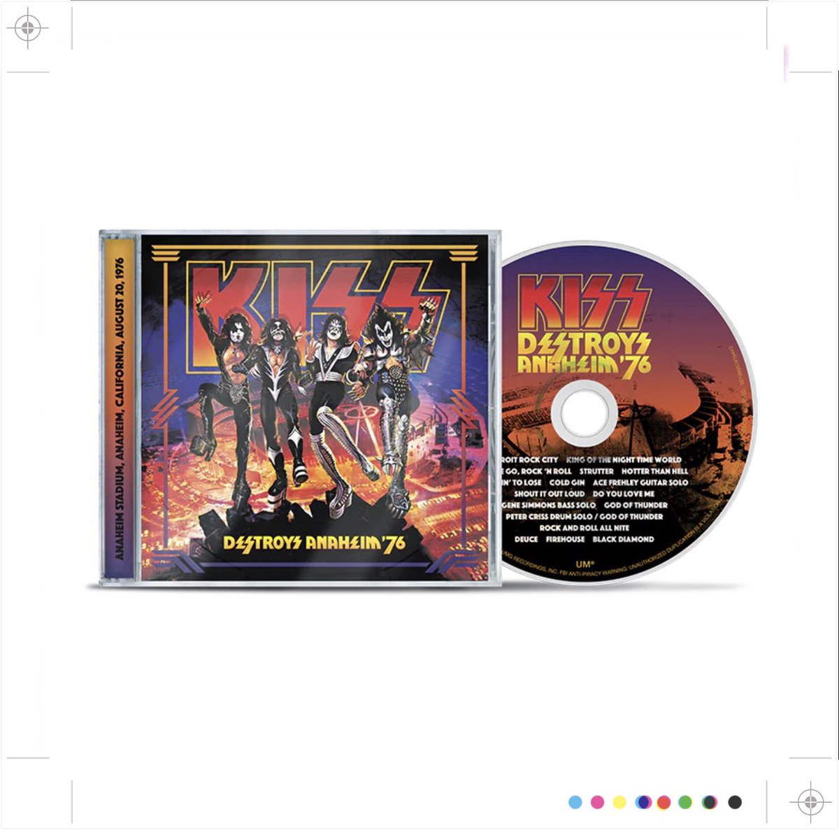 mitchlafon's tweet photo. KISS announces:

“Destroys Anaheim '76 CD

Commemorating the 50th anniversary of one of the most seminal concerts in KISStory

On August 20th 1976, KISS performed in front of their largest audience to date (42,000 fans) at Anaheim Stadium. Originally recorded by Eddie Kramer on that KISStoric night, Eddie has newly mixed this concert from the original multi-track tapes! The 60+ minute concert is featured on 1-CD with a booklet featuring liner note highlights from the Deluxe version, unreleased photos & memorabilia imagery.

1. Detroit Rock City
2. King Of The Night Time World
3. Let Me Go, Rock ‘N Roll
4. Strutter
5. Hotter Than Hell
6. Nothin’ To Lose
7. Cold Gin
8. Ace Frehley Guitar Solo
9. Shout It Out Loud
10. Do You Love Me
11. Gene Simmons Bass Solo
12. God Of Thunder
13. Peter Criss Drum Solo / God Of Thunder
14. Rock And Roll All Nite
15. Deuce
16. Firehouse
17. Black Diamond