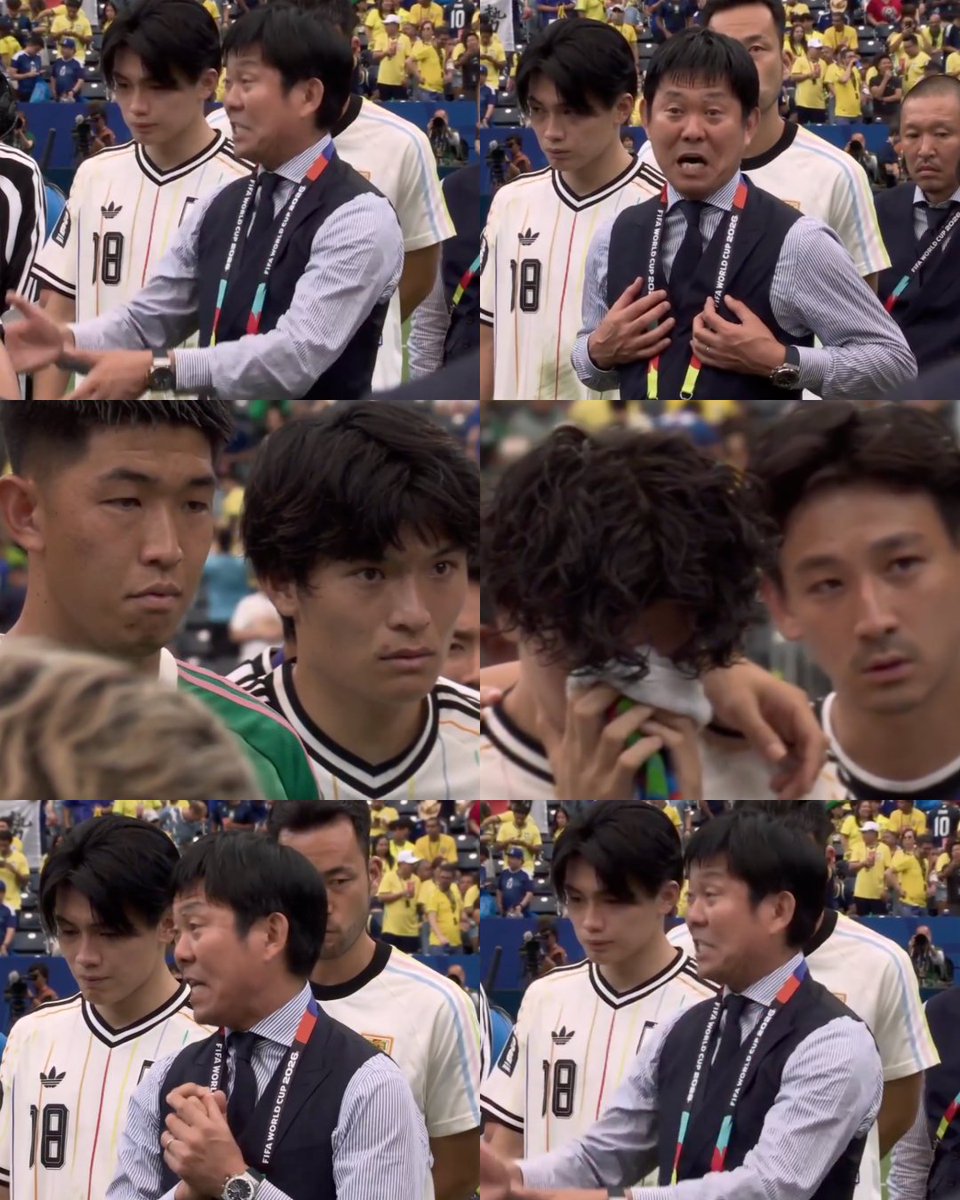 InvictosSomos's tweet photo. Después de la dolorosa eliminación de Japón ante Brasil, Hajime Moriyasu reunió a todos sus jugadores en la cancha para darles un discurso. Nadie se siente contento luego de quedar fuera de la Copa del Mundo, pero en Japón debe haber ORGULLO por cómo compitieron a lo largo del torneo. A pesar de la baja de jugadores clave como Mitoma, Endo, Minamino y Kubo, superaron la fase de grupos con paso invicto y pusieron a soñar a su país con una posible hazaña ante Brasil. Cabeza arriba, Japón. CABEZA ARRIBA.