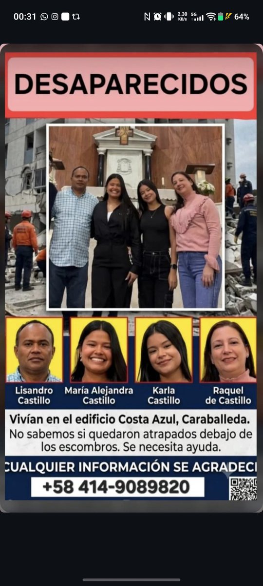 defraiin's tweet photo. Gente, continuamos necesitando cualquier información de ellos. Son de Res. Costa Azul, en Caraballeda. 
Vivian en el piso 1, tenemos esperanza que hayan bajado al sótano. 
Lisandro Castillo, Raquel de Castillo, María Alejandra Castillo Matheus, Karla Castillo.
Ayuda!! https://t.co/uFlxBGUUeS