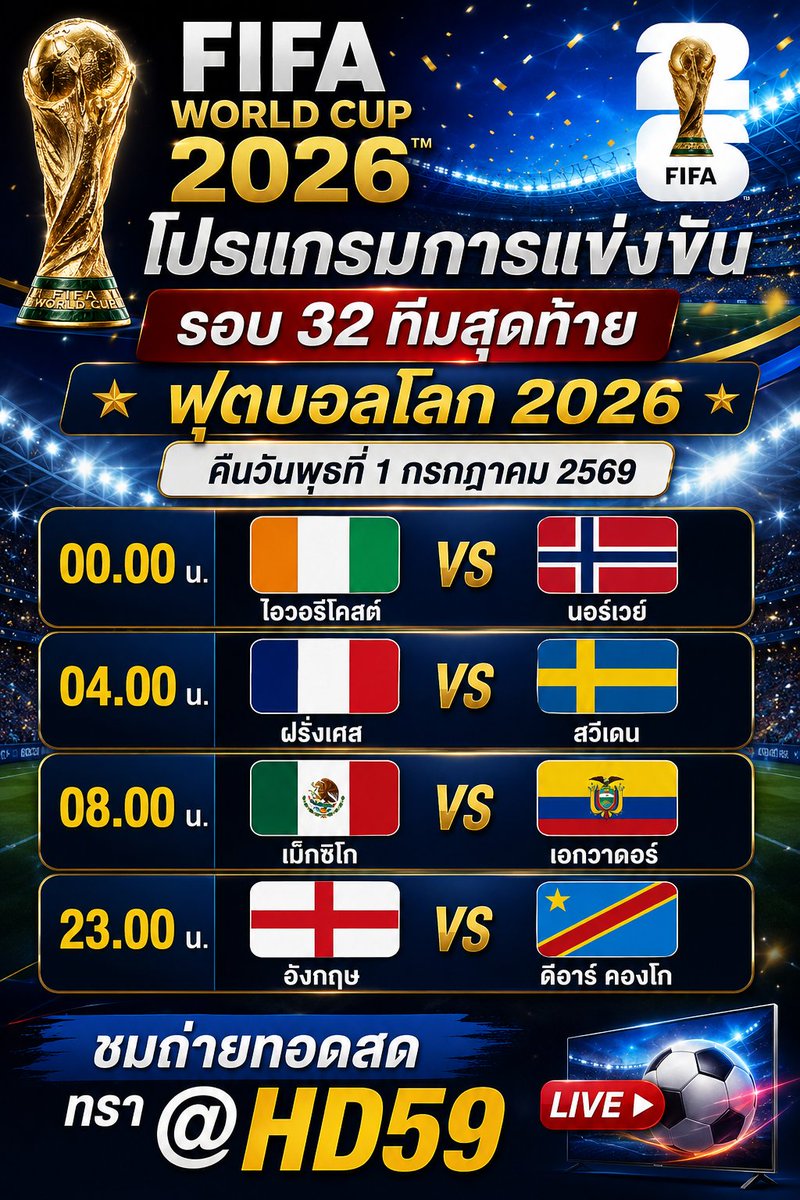 Th5214Tham's tweet photo. 🏆⚽ ศึกฟุตบอลโลก 2026 รอบ 32 ทีมสุดท้าย เดือดต่อเนื่อง!

คืนนี้ห้ามพลาด 4 คู่คุณภาพ พร้อมลุ้นทุกประตู ทุกจังหวะสำคัญ

📺 รับชมถ่ายทอดสดที่ 👉https://t.co/rlxk1CZw7X

⚡ เชียร์ให้สุด ลุ้นให้มัน แล้วมาดูกันว่าใครจะผ่านเข้าสู่รอบต่อไป!
#ฟุตบอลโลก2026 #รอบ32ทีม #บอลวันนี้ #บอลสด https://t.co/aErgodqnRG