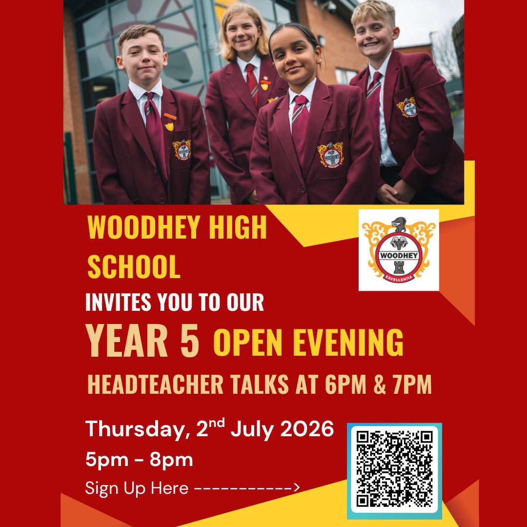woodheyhigh's tweet photo. 📆 Don’t forget! This Thursday is our Year 5 Open Evening! 📆 

Sign up by scanning the QR code and we’ll see you there as your child starts their journey to being our next #TeamWoodhey superstar 🌟 https://t.co/HusxGtwcS6