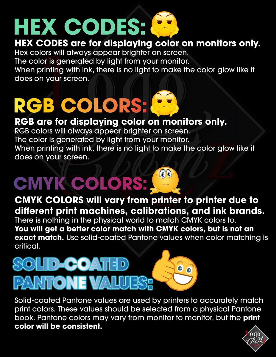 Logoclothz's tweet photo. Why doesn't your logo look the same in print as it does on screen? 🎨

Screens use light HEX &amp; RGB colors.
Printers use ink (CMYK).
For the closest color match, use Solid-Coated Pantone® values.

Logoclothz
Be remembered

#Printing #Branding #DesignTips #Logoclothz https://t.co/WuNTAvbygF
