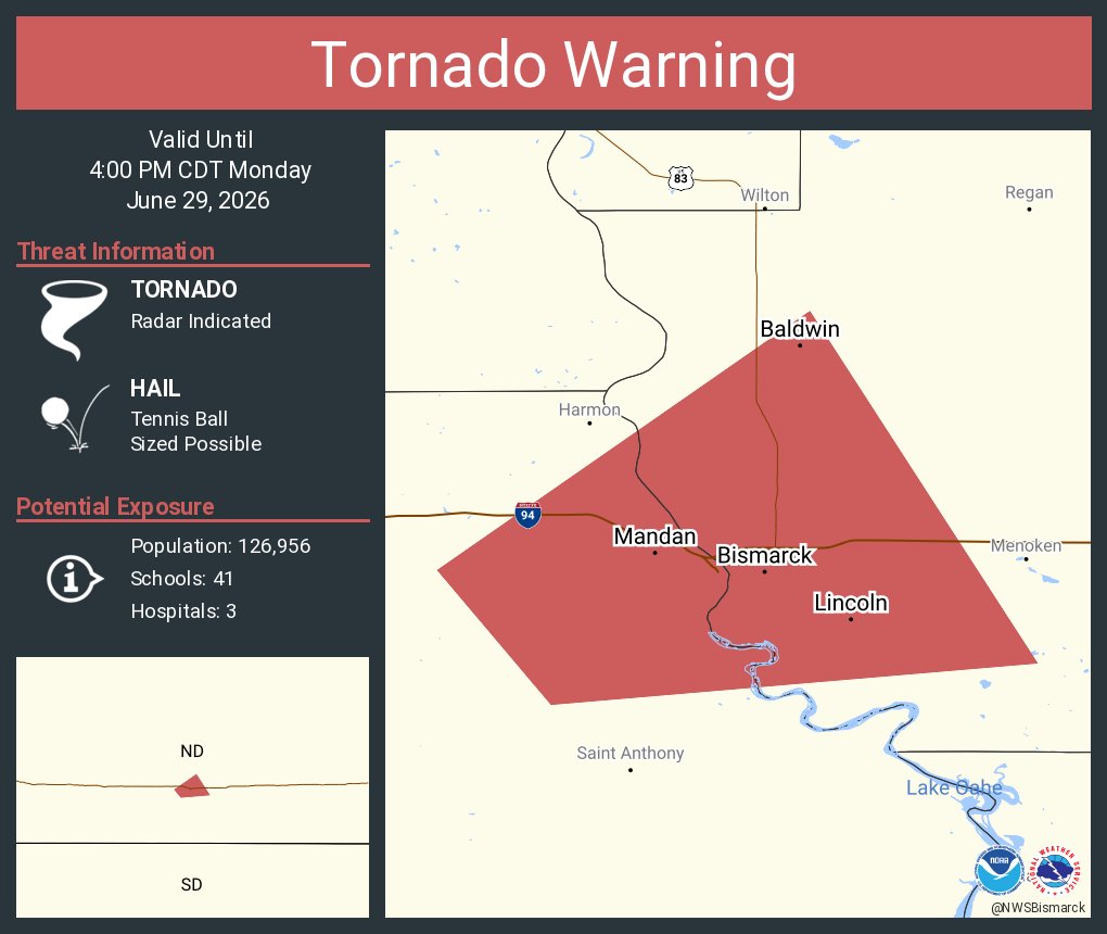 NWStornado's tweet photo. Tornado Warning including Bismarck ND, Mandan ND and  Lincoln ND until 4:00 PM CDT https://t.co/q3IN7azgQI