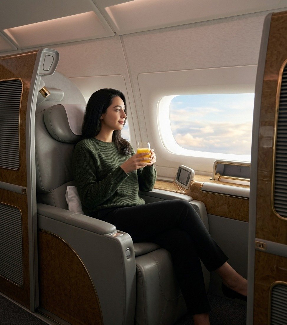 Tou7ami's tweet photo. Prompt 🖼⤵️

A gender-neutral person sitting in a business class airplane seat next to a large window inside a realistic, cinematic high-quality scene. The cabin is luxurious and spacious, with premium leather seats, soft ambient lighting, elegant design details, and a modern high-end aircraft interior.
Outside the window, a beautiful sky with soft clouds is visible, with natural sunlight during flight creating a calm, peaceful atmosphere.
The person is seated comfortably in the window seat, calmly looking outside. They are holding a cup with a drink (soda or juice, interchangeable). The clothing is modern, simple, and changeable.
Important identity constraint:
If a reference image is provided, strictly preserve the person’s exact facial features, bone structure, skin tone, and identity with zero alteration or beautification.
The airplane model and interior design are customizable, while maintaining ultra-realistic detail.
Focus on cinematic realism, depth of field, soft lighting, and a peaceful luxury travel mood in business class.