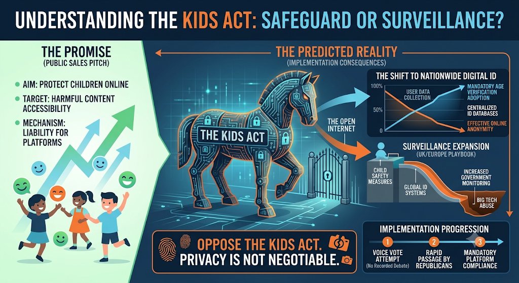 MichaelOliphant's tweet photo. Thomas Massie is right to call this out.

The KIDS Act is being sold as “protecting children,” but it’s a Trojan horse for nationwide digital ID and age verification on the internet. Once platforms are forced to verify everyone’s age to avoid liability, anonymity online effectively ends.

This is the same playbook we’ve seen in the UK and Europe — expand surveillance under the banner of safety, then watch it get abused. Republicans who spent years warning about Big Tech censorship and government overreach should be leading the opposition, not rushing this through on a voice vote.

Privacy isn’t negotiable. Oppose the KIDS Act.