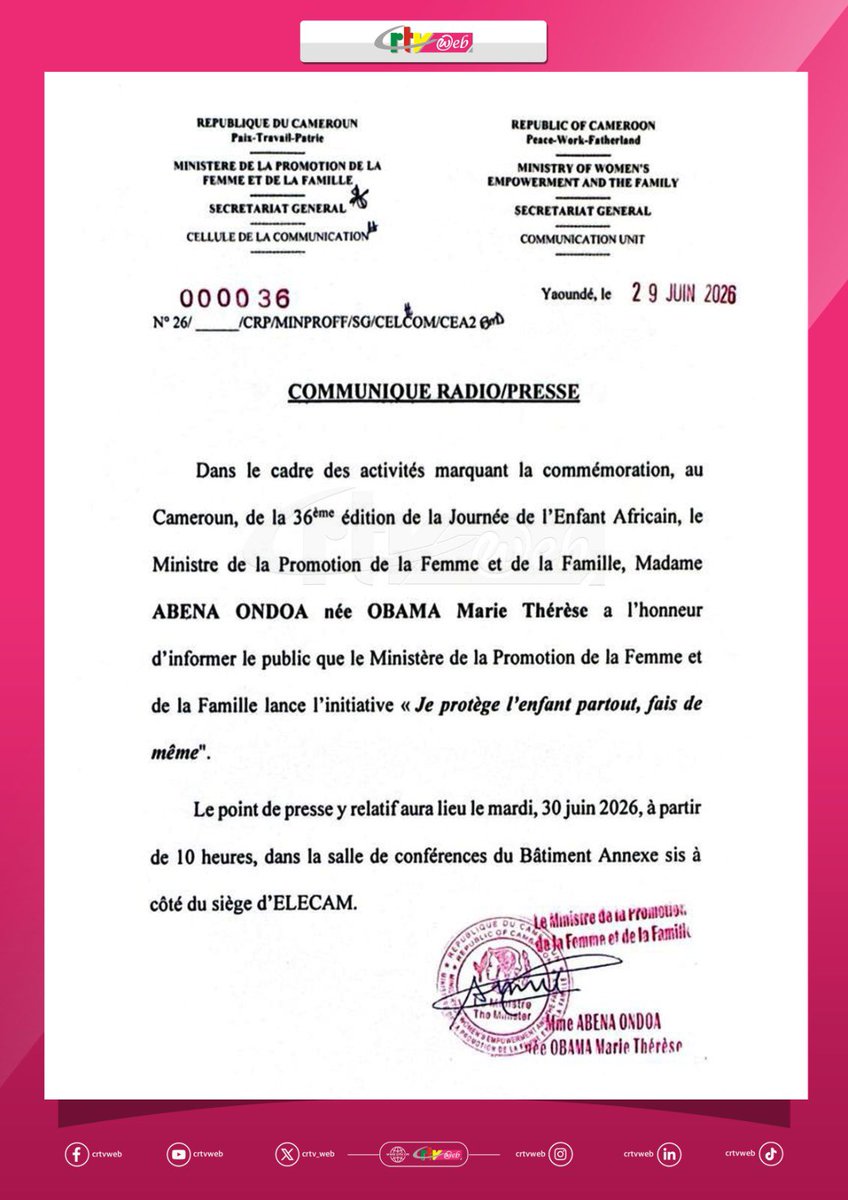 CRTV_web's tweet photo. « Je protège l'enfant partout, fais de même". C’est l’initiative lancée par le ministère de la Promotion de la Femme et de la Famille à l’occasion de la 36ème édition de la Journée de l'Enfant Africain. Un point de presse y relatif a lieu ce mardi, 30 juin 2026 à Yaoundé.
#JEA https://t.co/GhmHrl463i