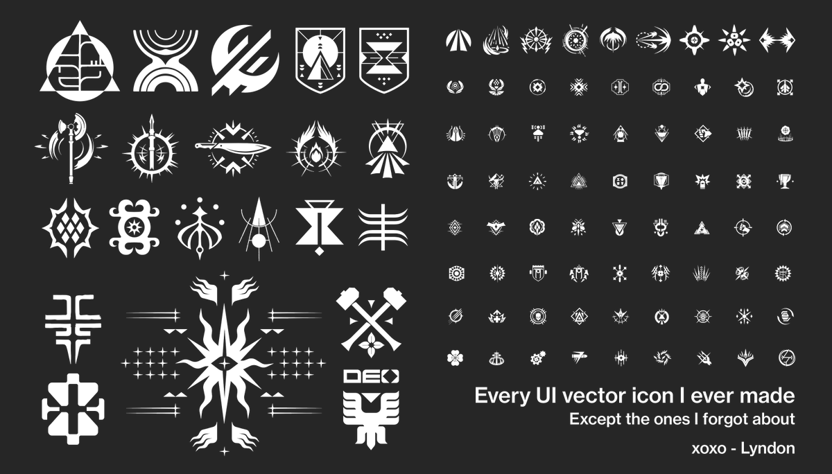 Willowstration's tweet photo. One other thing for today, I almost never kept up with posting my UI icon work, but I threw all the icons I could remember making on a board before I left and here they are. Expansion logos, seasonal logos, factions, supers, abilities, perks, armor set bonuses...lot's o fun stuff https://t.co/a0T2iEKiZC