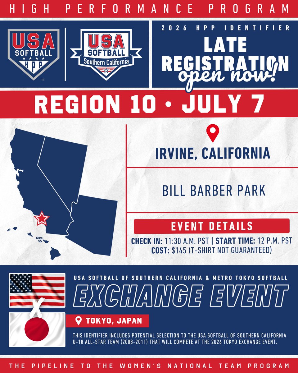 USASoftball's tweet photo. One more chance to register! 🥎

Late registration is now available for the 𝐑𝐞𝐠𝐢𝐨𝐧 𝟏𝟎 #HPP Identifier in Irvine, CA!

🔗 https://t.co/z5QJZFpH2V https://t.co/DhNicYGw4g