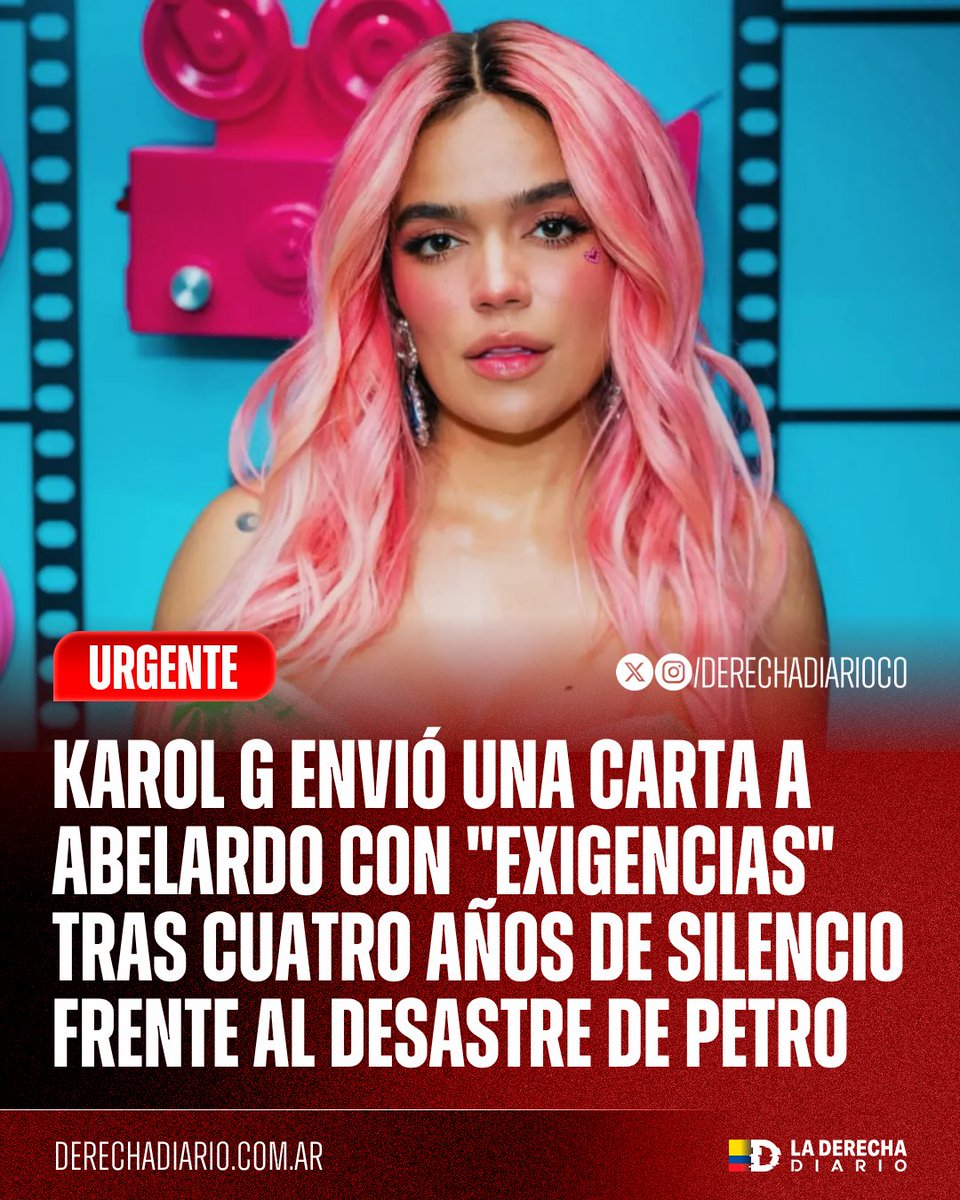 DerechaDiarioCO's tweet photo. 🚨🇨🇴 | PAPELÓN: La artista colombiana Karol G envió una carta al presidente electo @ABDELAESPRIELLA con una serie de exigencias sobre cómo debe gobernar Colombia. Sin embargo, durante los cuatro años del régimen de Petro nunca se pronunció con la misma firmeza frente a las masacres, los escándalos de corrupción y la crisis que vive el país.