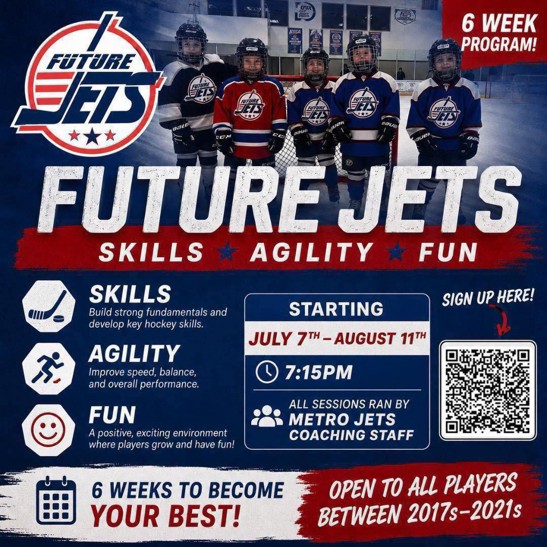 MetroJetsHockey's tweet photo. ✈️ FUTURE FLYERS ✈️ 

It’s here… our six-week Future Jets program at Mount Clemens Ice Arena!

Learn skills and agility and most of all, have fun doing it!

All players receive a jersey, hat, and water bottle. 

Only $195!

🔗 https://t.co/ooBwwAXhcH

#PlayLikeBray #FutureJets https://t.co/3TcJDEQ9K6