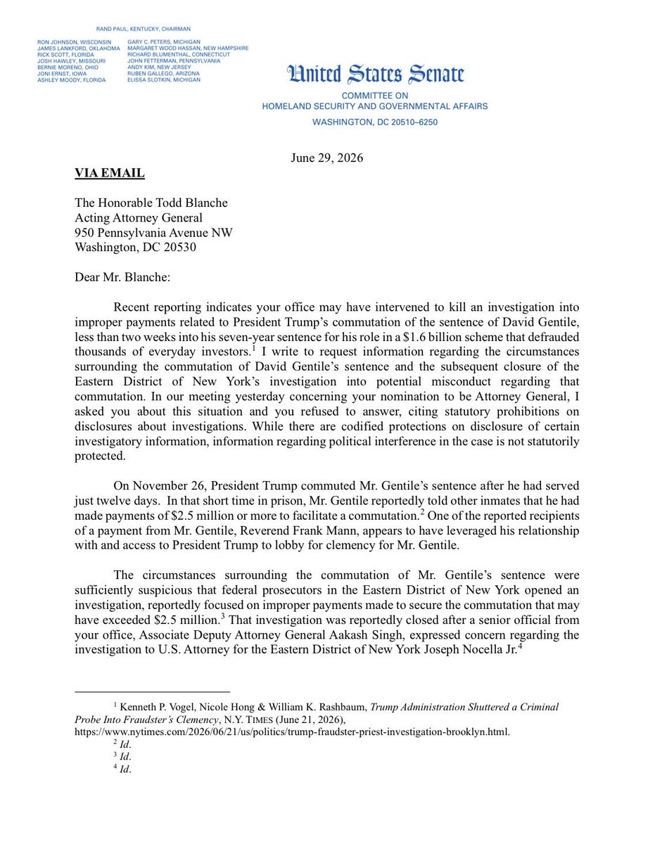 SenBlumenthal's tweet photo. Trump has fostered a transactional, pay-to-play environment in which he grants pardons to the highest bidders &amp; rewards political allies. This affront to our country’s founding principle of equal justice under law demands scrutiny. I’m demanding information &amp; documents. https://t.co/v16siuNlL1