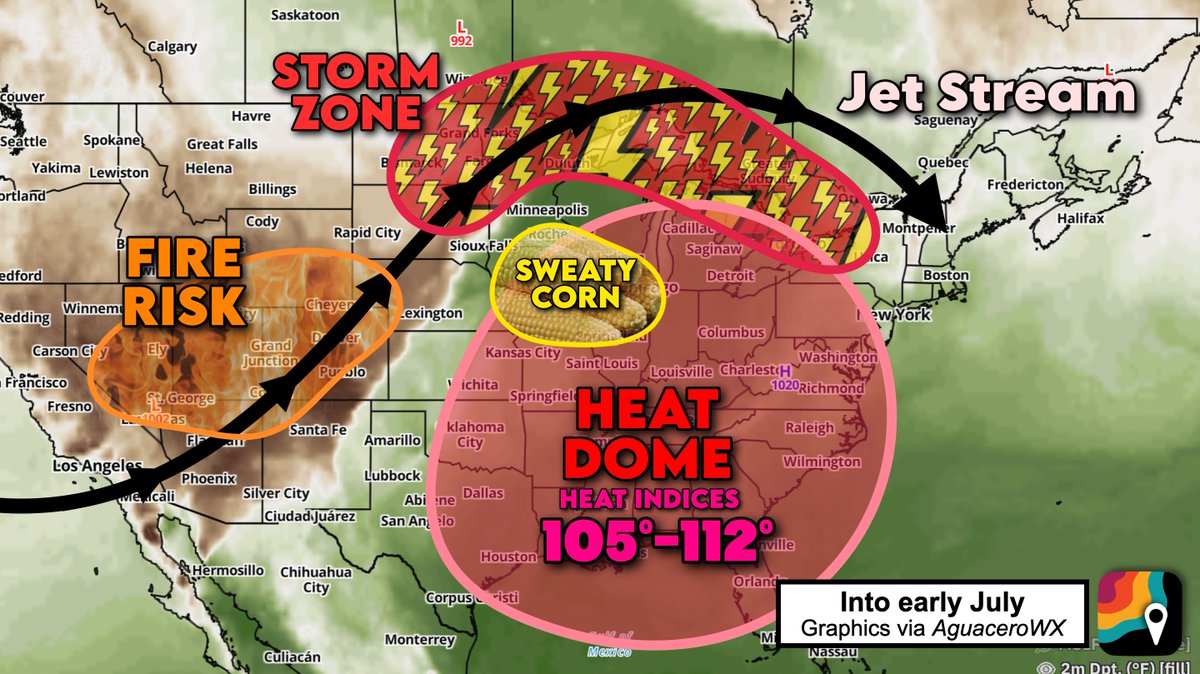 MyRadarWX's tweet photo. RING OF FIRE pattern really ramps up into the July 4 weekend. A bit of something for everyone. And yes, it's really called that.

The "ring of fire" gets it name because storms form a "ring" around our heat dome. Beneath the heat dome, expect extreme heat and humidity with 100-105 degree air temperatures and 110-112º+ heat index values. Combining tropical humidity with triple-digit heat isn't good. Heat advisories, watches and warnings are in effect.

The most humid air will be in Iowa and Illinois. That's where "corn sweat" season is underway. Dew points in the mid to upper 70s are fluxing an incredible amount of water into the air. As we head into the mature corn season, a single acre can "sweat" (evapotranspirate) 3,000 to 4,000 gallons of water daily! That water enters the lower atmosphere, making the humidity even worse AND leading to more storm fuel.  

The heat dome is also deflecting the jet stream north. Storm complexes will form on the periphery of the warm, humid air mass and surf the jet stream southeast. Some of these storms will tap into jet stream energy and produce destructive 60-75 mph gusts. By late week, we may have to bring the storm zone south a bit.

As if that's not bad enough, we have growing fire danger over the Four Corners and Intermountain West! Rapidly-spreading fires have occurred as dry air crashes south atop gusty winds nestled in a broad jet stream dip. Relative humidities have plummeted below 10 percent in some places!

This pattern will intensify into the weekend.