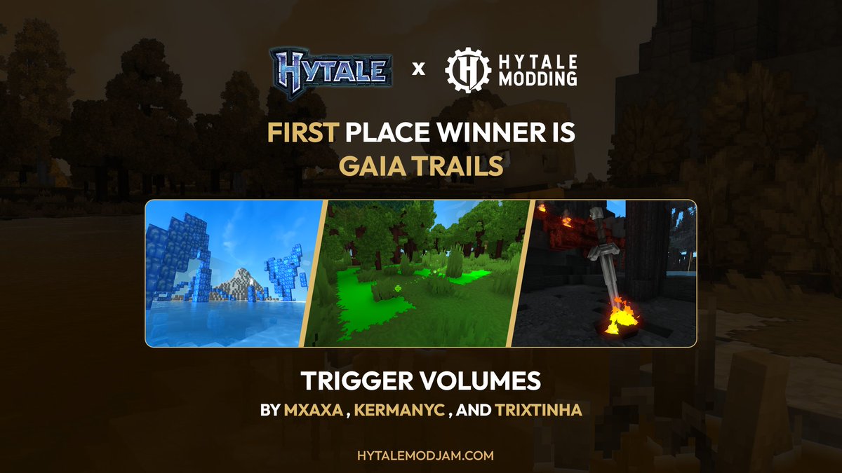 HytaleModding's tweet photo. For the Trigger Volumes Category we have

1st - Gaia Trails
2nd - The Last Dragon
3rd - Last Transmission - Escape Room https://t.co/Lpz8HqT1gG
