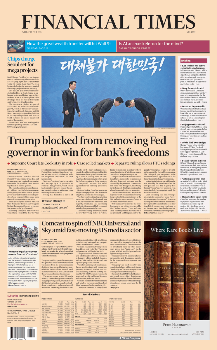 FT's tweet photo. Just published: front page of the Financial Times, international edition, Tuesday June 30 https://t.co/OHfZzyqQg5 https://t.co/dSy3G0eti9