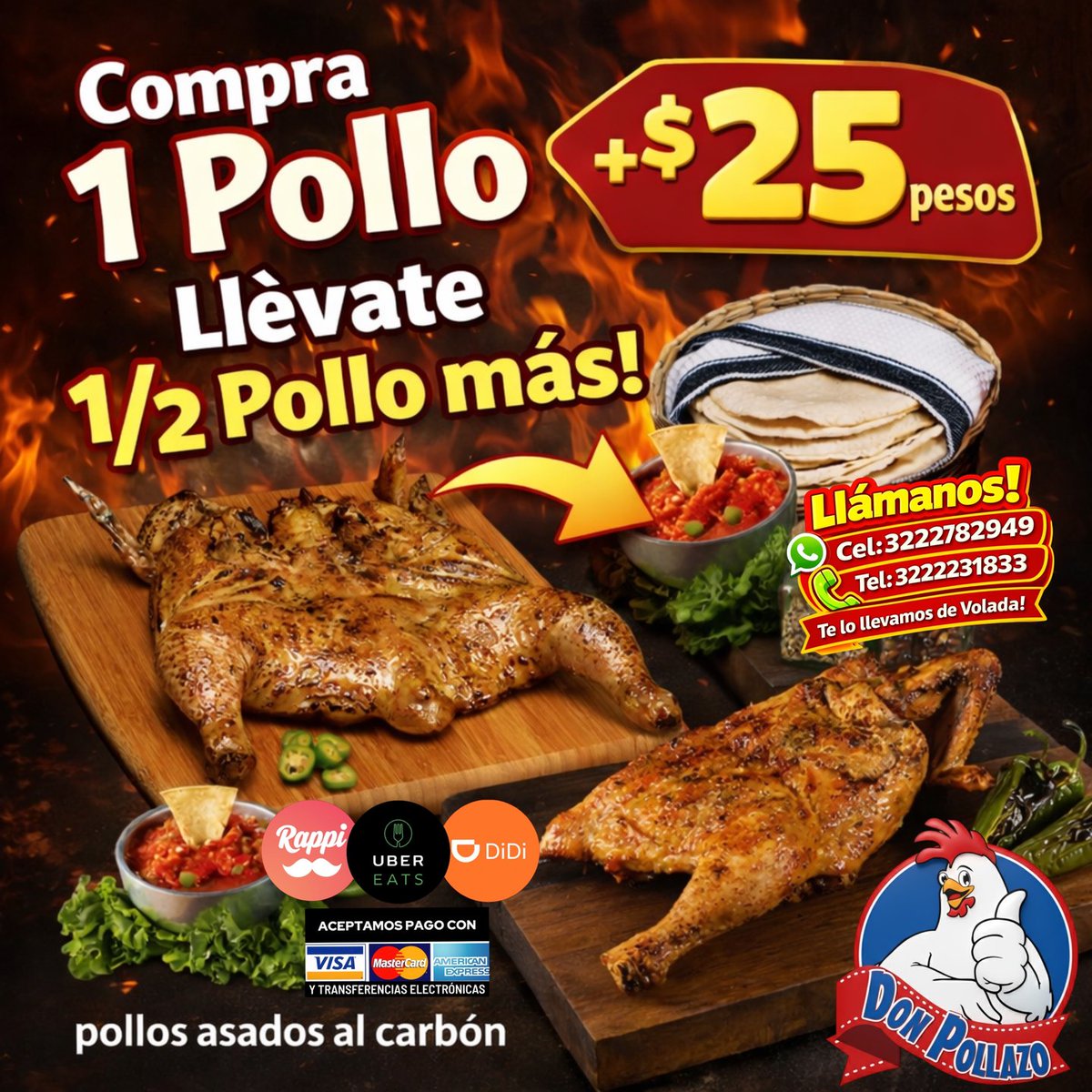 DPollazo's tweet photo. ‼️POLLOS ASADOS AL CARBÓN‼️♨️Tortillas a Mano♨️Compra 1 Pollo+$25 y LLÉVATE 1/2 Pollo Más♨️PAKETES con Complementos a elegir♨️PROMO MARTES🔴Suc.San Vicente📲:3222782949☎️: 322 223 1833 #BahiadeBanderas #Nayarit #PuertoVallarta #Vallarta #servicioadomicilio #polloasado #badeba #pv https://t.co/tvx3O2hItO
