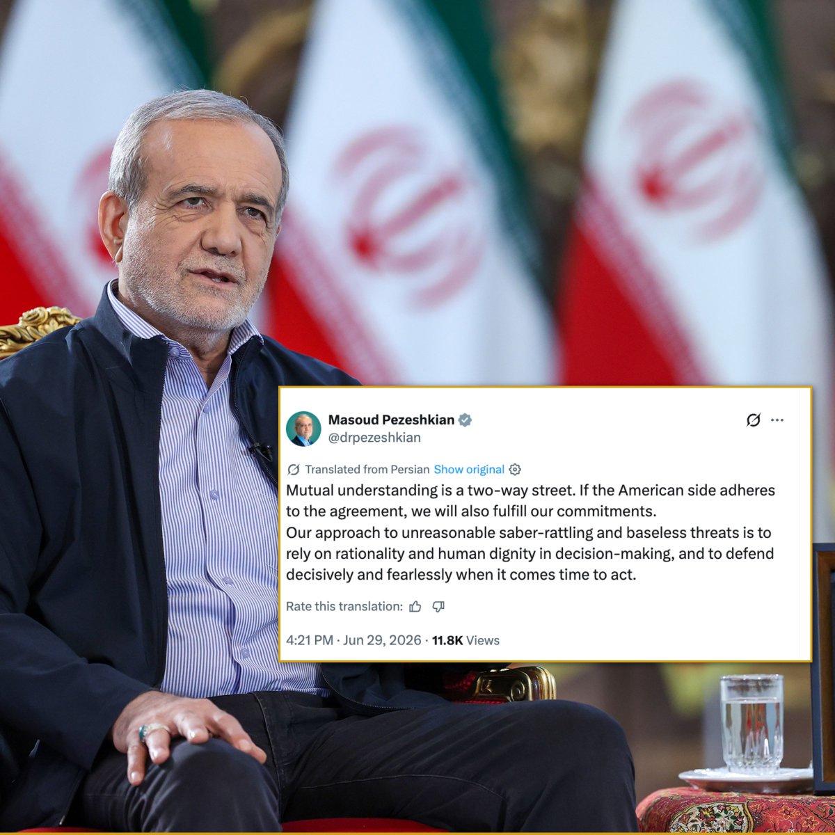 RyanRozbiani's tweet photo. 🇮🇷 Pezeshkian Sets Iran's TERMS for Trump

"If the American side adheres to the agreement, we will also fulfill our commitments."

"We rely on rationality and human dignity in decision-making, and defend decisively and fearlessly when it comes time to act."

Look at how Iran's president talks versus Trump talks and blows up deals.